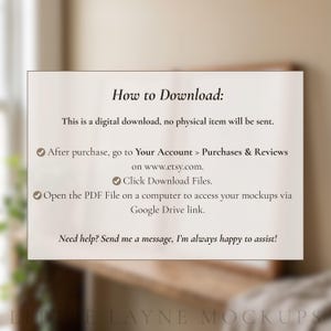 May include: A white rectangular card with the text "How to Download:" and instructions for digital downloads. The card includes steps for accessing files after purchase on Etsy and a Google Drive link. The bottom of the card has the text "LITTLE LAYNE MOCKUPS".