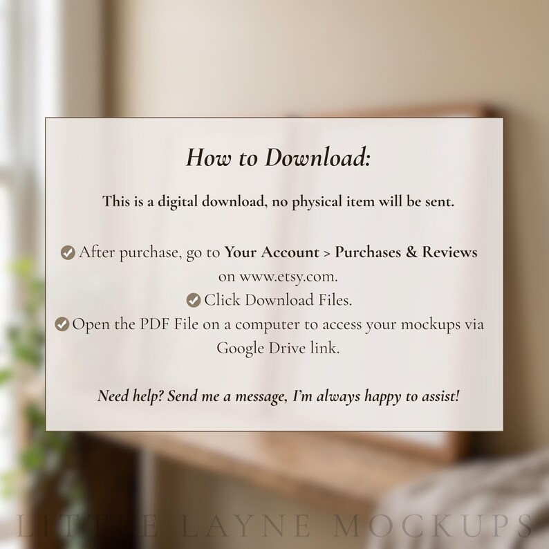 May include: A white rectangular card with the text "How to Download:" and instructions for digital downloads. The card includes steps for accessing files after purchase on Etsy and a Google Drive link. The bottom of the card has the text "LITTLE LAYNE MOCKUPS".
