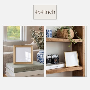 May include: Two gold-framed picture frames, each 4x4 inches, are displayed. One frame rests on a stack of books, while the other is on a wooden shelf. The frames have a simple, elegant design, perfect for displaying photos or artwork.