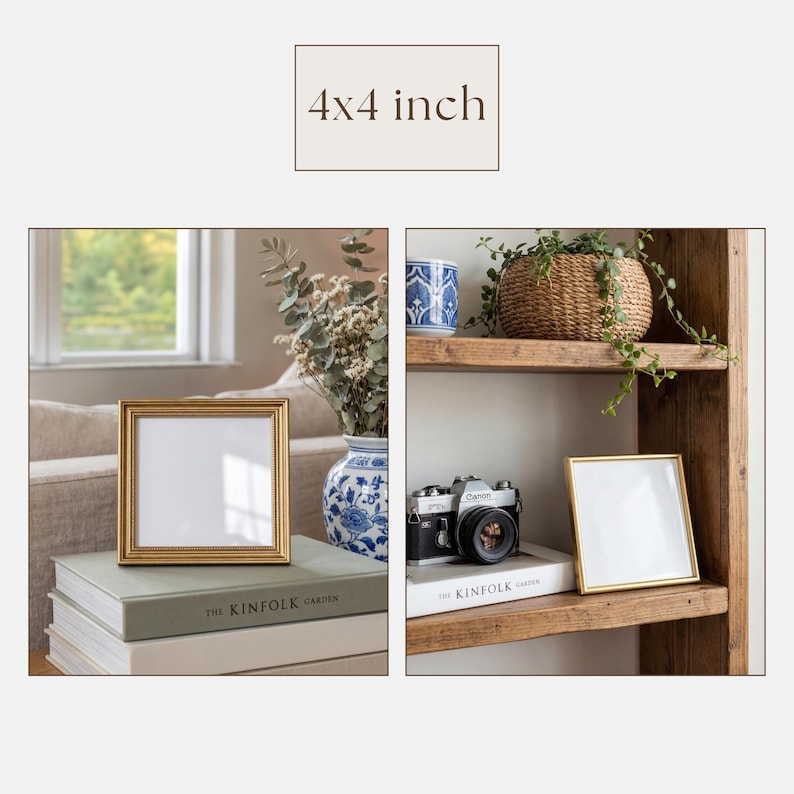 May include: Two gold-framed picture frames, each 4x4 inches, are displayed. One frame rests on a stack of books, while the other is on a wooden shelf. The frames have a simple, elegant design, perfect for displaying photos or artwork.