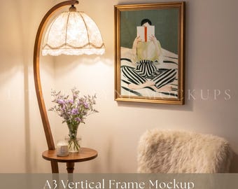 A3 Cozy Frame Mockup PSD and JPEG, Realistic Vertical Gold Frame Mockup, Wall Art Mockup