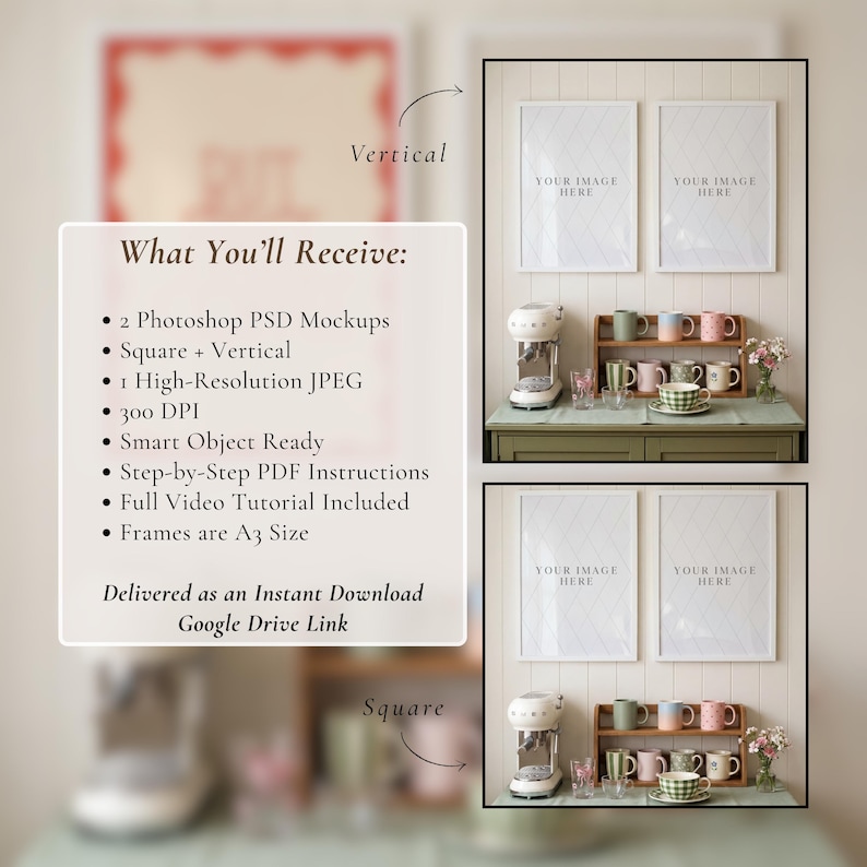 May include: A mockup image featuring two framed prints with the text "YOUR IMAGE HERE" above a green cabinet. The cabinet displays a coffee maker, mugs, and decorative items. The text "What You'll Receive" is also visible.