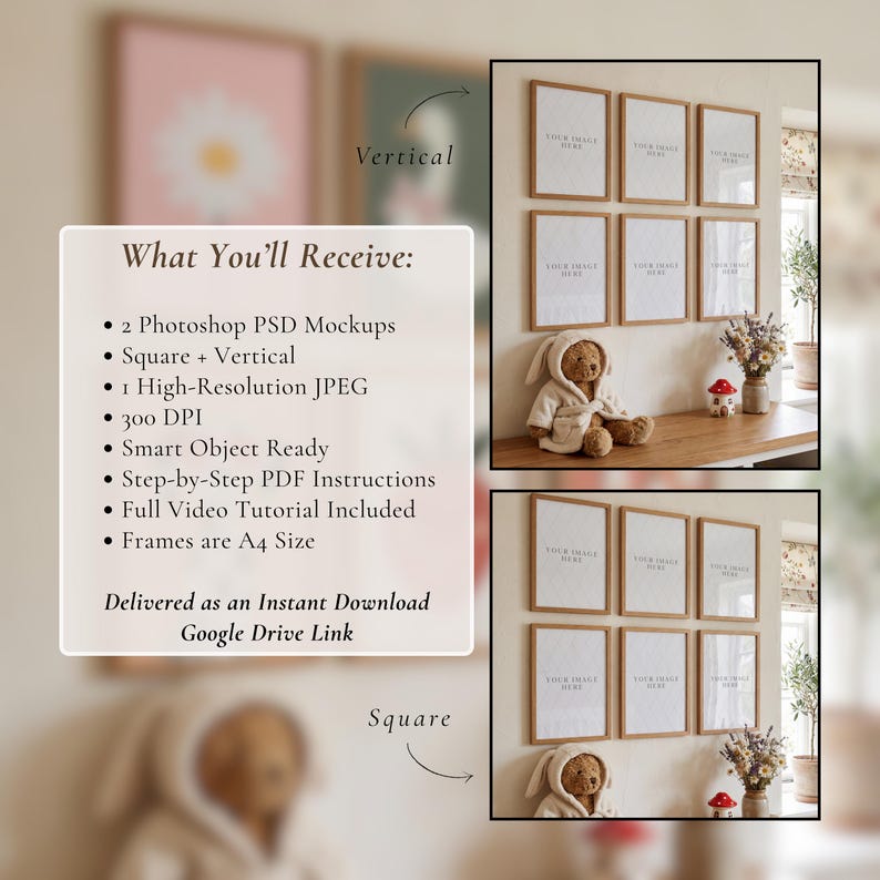 May include: A display of framed art mockups, arranged in vertical and square formats. The frames are light-colored wood, and the artwork is blank, ready for customization. The image includes text detailing the product's features, such as Photoshop PSD mockups and high-resolution JPEG.