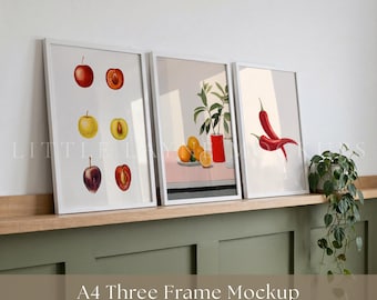 A4 Three Frame Mockup PSD, Triple Frame Mockup on Shelf, Gallery Wall White Frame Mockup, Realistic Wall Art Mockup