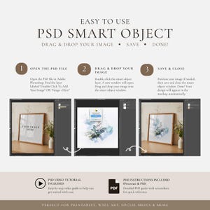 May include: A graphic with the text "EASY TO USE PSD SMART OBJECT" and instructions for use. The image shows a step-by-step guide on how to drag and drop an image into a PSD file. Includes a video tutorial and PDF instructions.