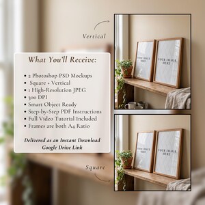 May include: Two wooden framed art mockups with the text "YOUR IMAGE HERE" on a wooden shelf. The image also includes a list of what the buyer will receive, including Photoshop PSD mockups, a high-resolution JPEG, and step-by-step instructions.