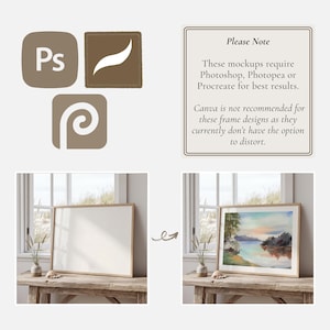 May include: A mockup image featuring a blank rectangular frame and a framed landscape painting. The image includes icons for Photoshop, Procreate, and Photopea, with a note stating these programs are required for best results.