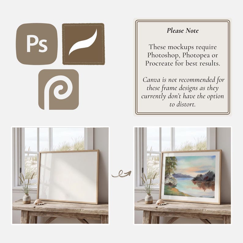May include: A mockup image featuring a blank rectangular frame and a framed landscape painting. The image includes icons for Photoshop, Procreate, and Photopea, with a note stating these programs are required for best results.