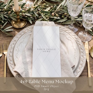 4x9 Wedding Menu Mockup PSD, Table Menu Mockup, Wedding Place Setting Mockup, Editable PSD Menu Mockup, Etsy Mockup