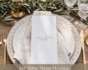 4x9 Hochzeitsmenü Mockup PSD, Tischmenü Mockup, Hochzeit Gedeck Mockup, bearbeitbar PSD Menü Mockup, Etsy Mockup