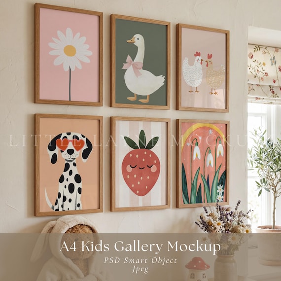 A4 Kids Gallery Wall Mockup, 6 Frame Mockup PSD, Mockup Set, Kids Room Mockup, Nursery Frame Mockup, Six Frame Mockup, Wall Art Mockup