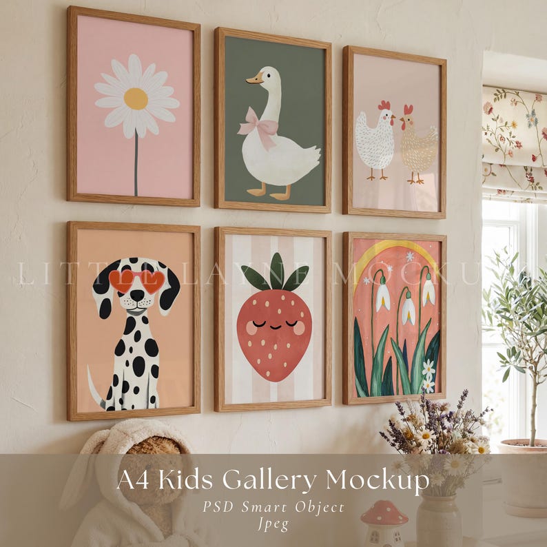 May include: A gallery wall of six framed art prints. The prints feature whimsical illustrations of a daisy, a goose with a pink bow, two chickens, a Dalmatian with heart-shaped sunglasses, a strawberry, and snowdrop flowers.