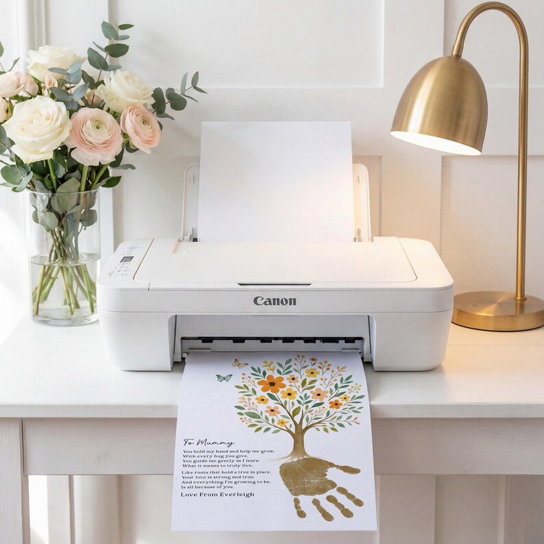 May include: A white Canon printer with a printed image of a tree with a handprint and the text "To Mummy". A bouquet of flowers in a glass vase and a gold desk lamp are also visible.