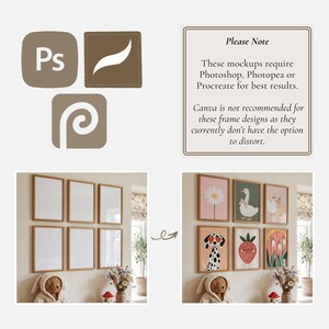 May include: Image showcasing a before-and-after comparison of framed art prints. The left side displays empty frames, while the right side features the same frames filled with colorful illustrations. The image also includes software icons and a note about mockup requirements.