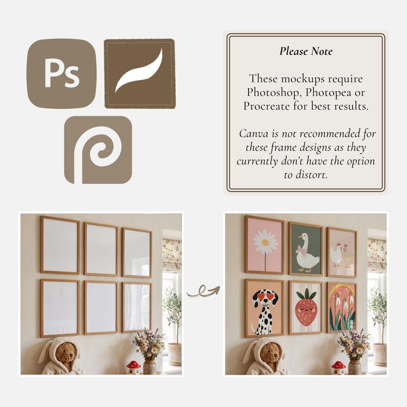 May include: Image showcasing a before-and-after comparison of framed art prints. The left side displays empty frames, while the right side features the same frames filled with colorful illustrations. The image also includes software icons and a note about mockup requirements.
