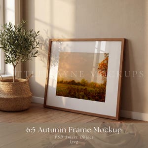 Horizontal Autumn Frame Mockup PSD, 6:5 Ratio Wall Art Mockup, Realistic Wood Frame, Seasonal Frame Mockup, Smart Object + JPEG, Fall Decor