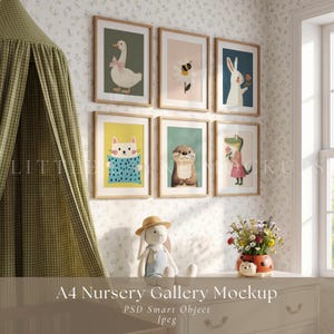 May include: A nursery gallery mockup featuring six framed animal art prints. The prints depict a goose, bee, rabbit, cat, otter, and alligator. A stuffed bunny wearing overalls and a hat sits on a white dresser. A flower pot with a ladybug design is also on the dresser. The text "A4 Nursery Gallery Mockup" is at the bottom.