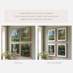 May include: Six framed landscape art prints in a light wood frame, displayed on a light green wall. The artwork shows a full frame and a mat-style border option. The text at the top says "Artwork fills the entire frame by default."
