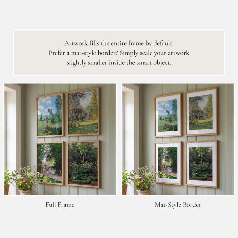 May include: Six framed landscape art prints in a light wood frame, displayed on a light green wall. The artwork shows a full frame and a mat-style border option. The text at the top says "Artwork fills the entire frame by default."