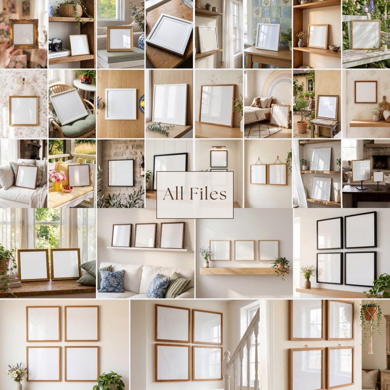 May include: A collection of framed art prints in various settings. The frames are in different styles, including gold, black, and wood. The prints are blank, with the text "All Files" in the center.