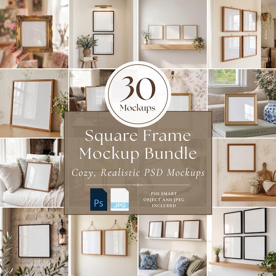 Square Frame Mockup Bundle PSD + JPG, 30 Frame Mockups, Square Frame Mockups, Gallery Wall Mockup Set, Editable PSD Mockups, Mockup Bundle