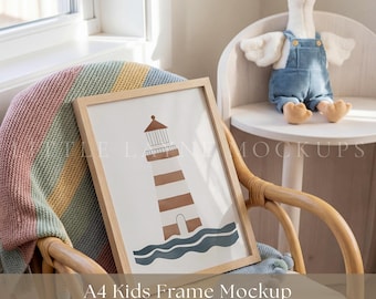 A4 Kids Frame Mockup PSD, Nursery Frame Mockup, Wood Frame Mockup, Kids Room Wall Art Mockup, Poster Mockup