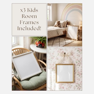 May include: The image showcases three kids' room frames. One frame is white, another has a scalloped edge, and the third is gold. The frames are displayed in a bedroom setting, on a chair, and against floral wallpaper. Text reads: x3 Kids Room Frames Included!