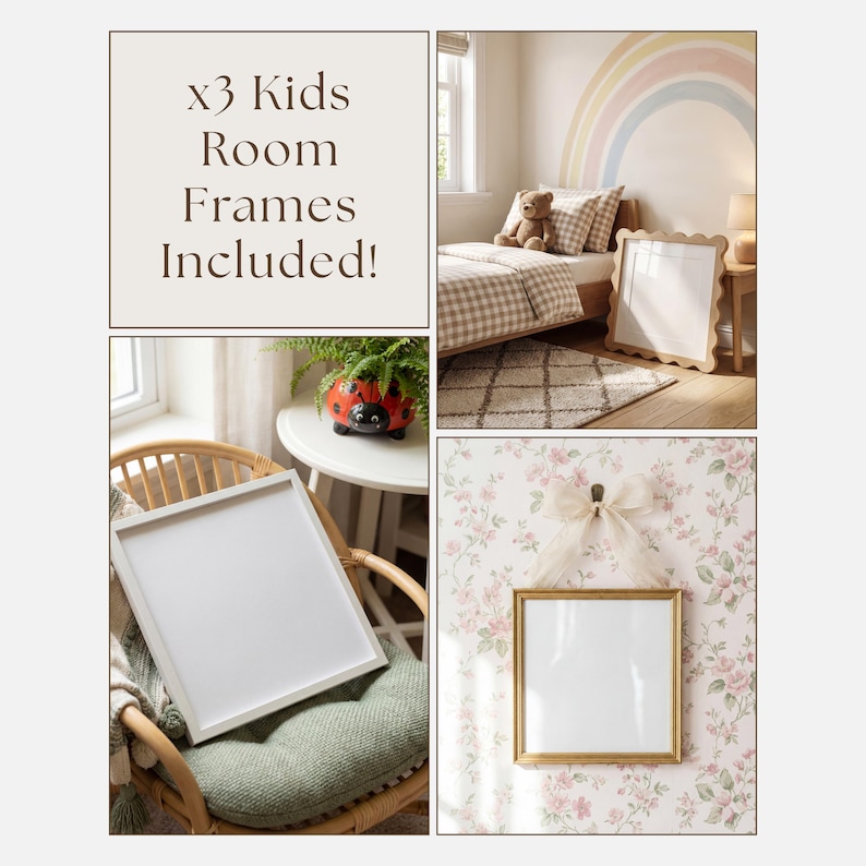 May include: The image showcases three kids' room frames. One frame is white, another has a scalloped edge, and the third is gold. The frames are displayed in a bedroom setting, on a chair, and against floral wallpaper. Text reads: x3 Kids Room Frames Included!