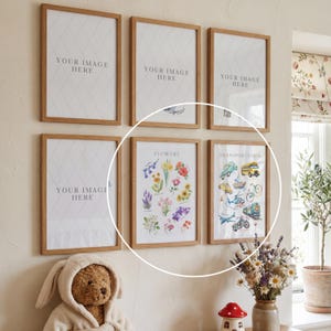 May include: A collection of framed art prints with wooden frames. Two prints feature colorful illustrations of flowers and transportation vehicles. The other four frames have the text "YOUR IMAGE HERE" on a white background with a diamond pattern.