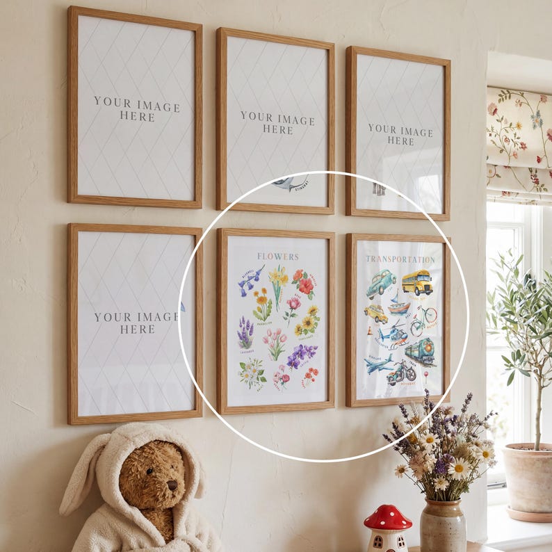 May include: A collection of framed art prints with wooden frames. Two prints feature colorful illustrations of flowers and transportation vehicles. The other four frames have the text "YOUR IMAGE HERE" on a white background with a diamond pattern.
