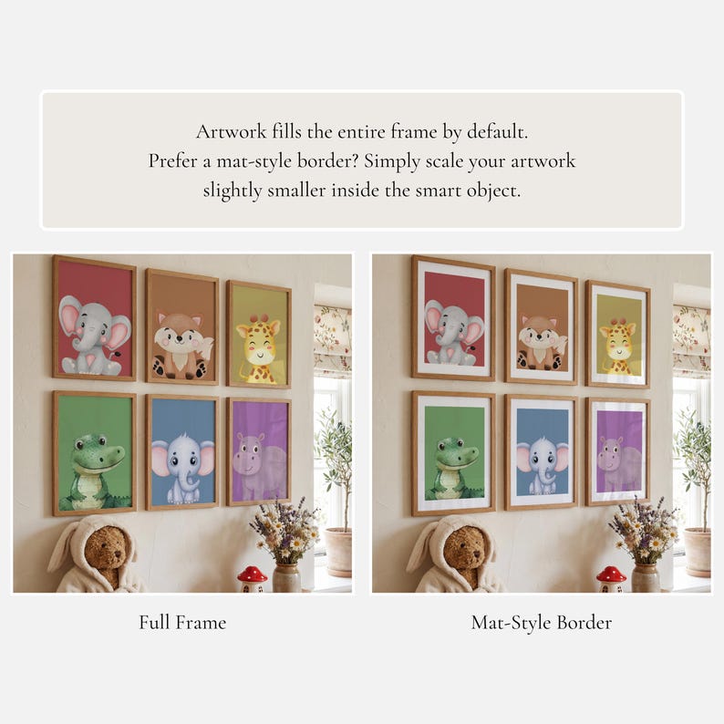May include: Nine framed animal art prints, including an elephant, fox, giraffe, crocodile, and hippo. The artwork is displayed in two arrangements: full frame and mat-style border. The text reads: Artwork fills the entire frame by default.