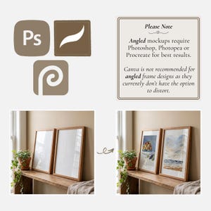 May include: Image showing two wooden framed art mockups, with a before and after comparison. The image includes software icons for Photoshop, Procreate, and Photopea, along with a note about angled mockups.