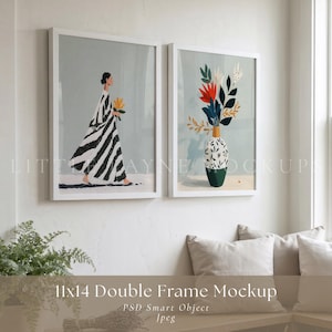 Könnte beinhalten: Zwei gerahmte Kunstdrucke. Einer zeigt eine Figur in einem schwarz-weiß gestreiften Kleid, die gelbe Blumen hält. Der andere zeigt eine Vase mit bunten Blumen. Beide sind in weißen Rahmen. Der Text "11x14 Double Frame Mockup" steht unten.