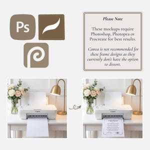 May include: An image showing a white printer with a sheet of paper, a gold desk lamp, and a vase of flowers. The image also includes the Photoshop, Photopea, and Procreate logos, and a text box that says "Please Note".