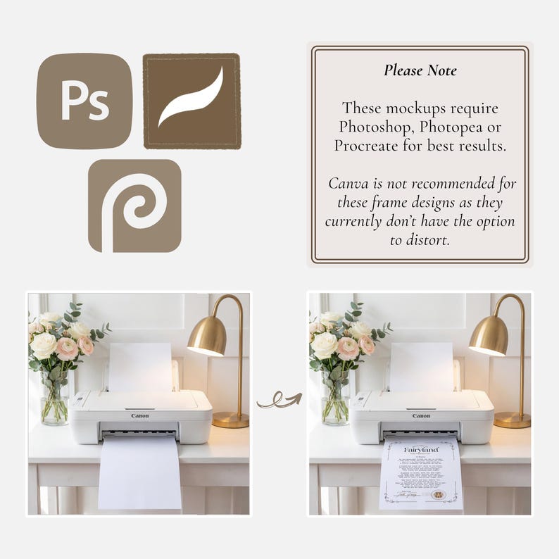 May include: An image showing a white printer with a sheet of paper, a gold desk lamp, and a vase of flowers. The image also includes the Photoshop, Photopea, and Procreate logos, and a text box that says "Please Note".