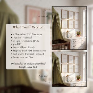 May include: A nursery mockup featuring a crib, dresser, and framed art. The wall displays eight A4-sized frames. A canopy hangs over the crib. The image includes text detailing the digital download contents, including PSD mockups and instructions.