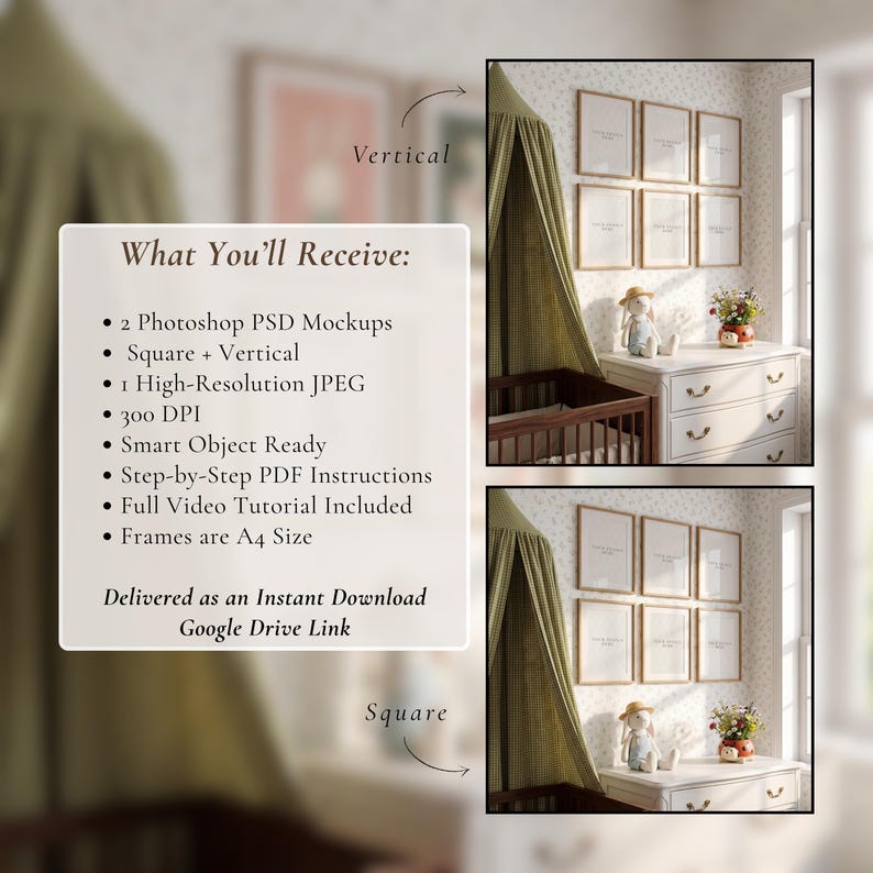 May include: A nursery mockup featuring a crib, dresser, and framed art. The wall displays eight A4-sized frames. A canopy hangs over the crib. The image includes text detailing the digital download contents, including PSD mockups and instructions.