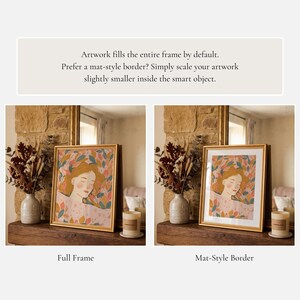 May include: Two framed art prints with gold frames are displayed on a wooden shelf. The artwork features a woman with closed eyes surrounded by colorful leaves. The text above the images reads: Artwork fills the entire frame by default.