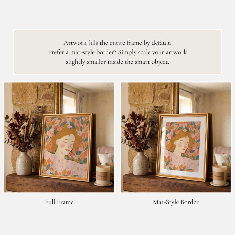 May include: Two framed art prints with gold frames are displayed on a wooden shelf. The artwork features a woman with closed eyes surrounded by colorful leaves. The text above the images reads: Artwork fills the entire frame by default.