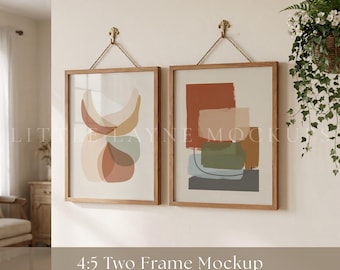 4:5 Two Frame Mockup PSD, 8x10 Double Hanging Frame Mockup, Realistic Wooden Wall Art Mockup