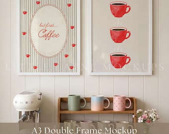 A3 Double Frame Mockup PSD, Kitchen Wall Art Mockup, Coffee Nook Mockup, Two Frame Mockup, Editable PSD Mockup, Home Decor Mockup