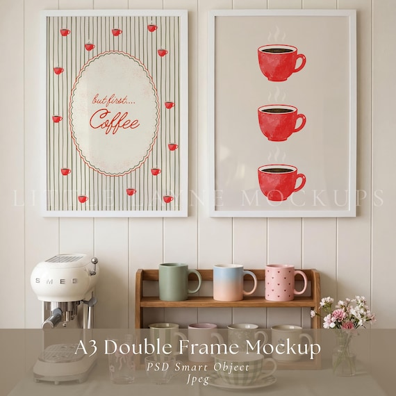 A3 Double Frame Mockup PSD, Kitchen Wall Art Mockup, Coffee Nook Mockup, Two Frame Mockup, Editable PSD Mockup, Home Decor Mockup