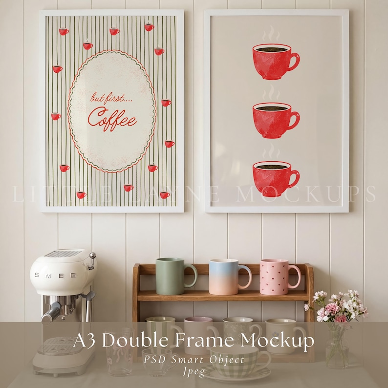 May include: Two framed coffee-themed art prints. One features the text "but first... Coffee" and red coffee cups. The other print displays three red coffee cups. Below, a wooden shelf holds mugs in various colors.