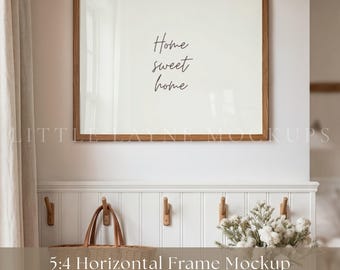 Horizontal Frame Mockup PSD | 5:4 Ratio Wall Art Mockup | Realistic Wooden Frame | Smart Object + JPEG | 20x16 Frame