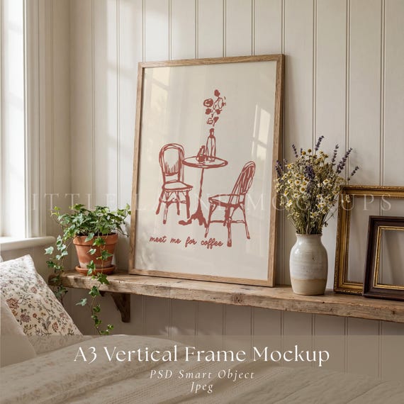 A3 Frame Mockup PSD, Bedroom Wall Art Mockup, Wood Frame Mockup, Shelf Mockup, Vertical Poster Mockup, Wall Art Mockup PSD