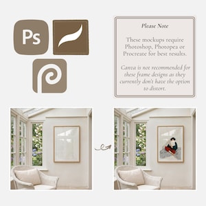 Puede incluir: Imagen de un dise&ntilde;o de maqueta con iconos de software: Photoshop, Procreate y Photopea. La imagen tambi&eacute;n incluye una obra de arte enmarcada en una habitaci&oacute;n luminosa, con texto que indica el software requerido.