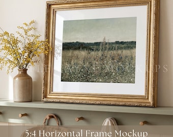 Mockup horizontaal frame, PSD, muurkunstmodel 5:4 verhouding, realistische vintage gouden lijst, slim object + jpeg, lijst 20 x 16
