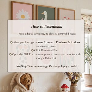 May include: Three framed art prints with a daisy, a duck, and a chicken. The prints are above a white sign with instructions on how to download a digital file from Etsy. A teddy bear in a bunny suit is in the foreground.