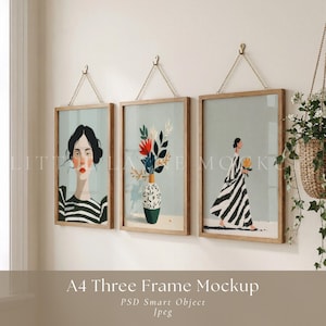 A4 Three Frame Mockup PSD, Triple Hanging Frame Mockup, Gallery Wall Wooden Frame Mockup, Realistic Wall Art Mockup