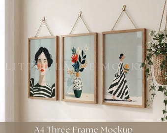 A4 Three Frame Mockup PSD, Triple Hanging Frame Mockup, Gallery Wall Wooden Frame Mockup, Realistic Wall Art Mockup